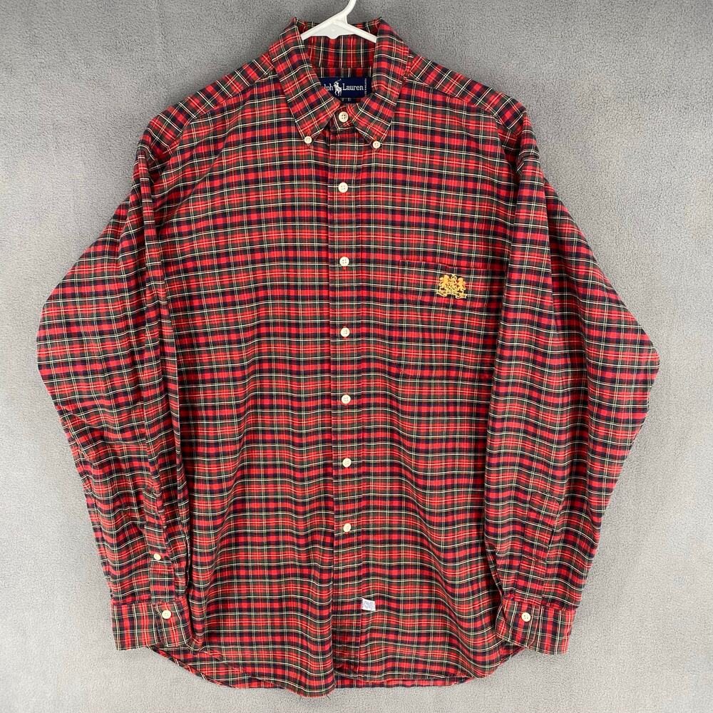 Ralph Lauren Double Lion Crest Button Down Plaid Shirt Mens M Heritage Print Red